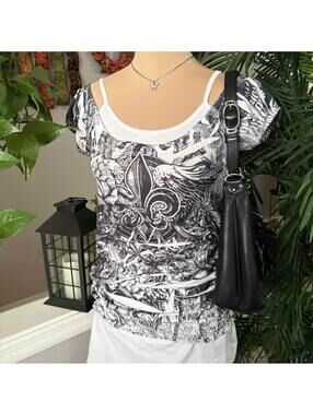 black & white y2k off shoulder layered top